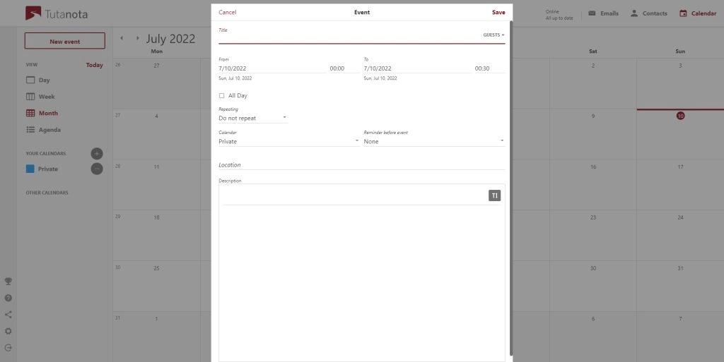 Tutanota calendar event