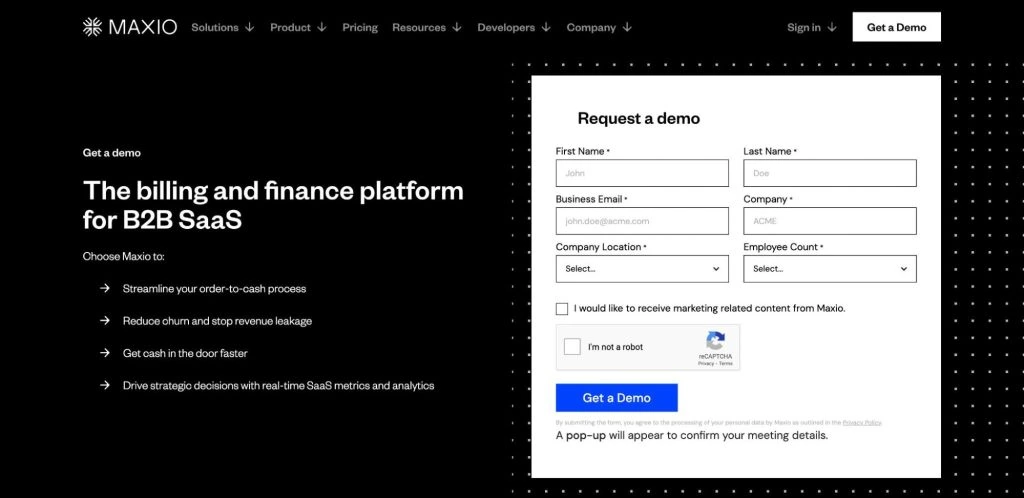 A screenshot of Maxio's website and form to request a demo