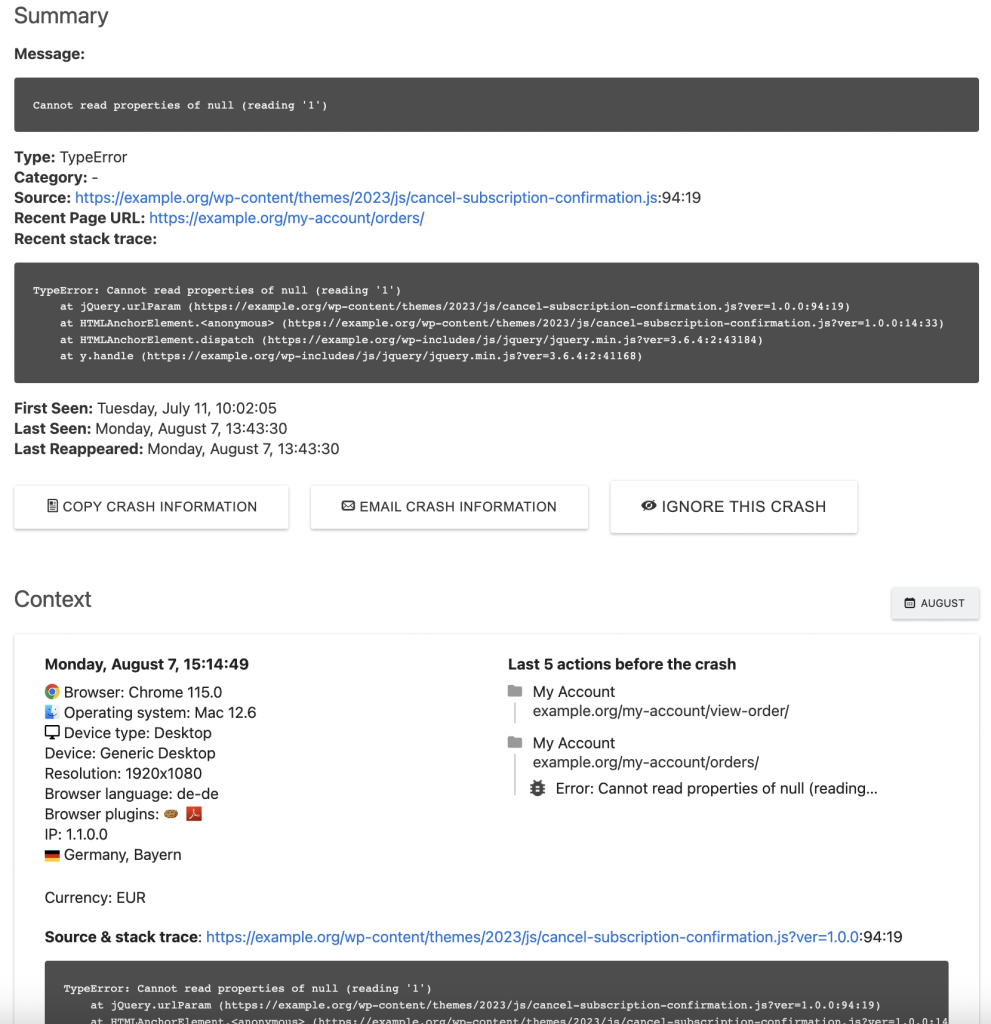 Crash detail report in Crash Analytics for Matomo