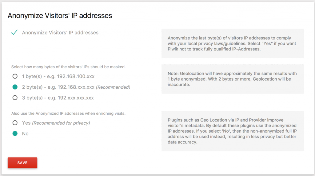 A settings interface in the Matomo web analytics tool