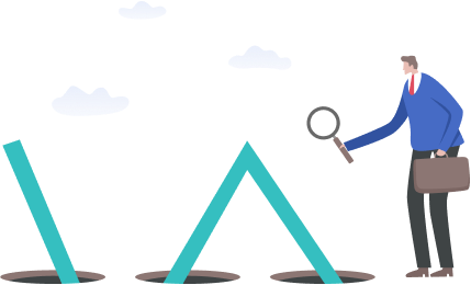 Illustration of a person holding a briefcase and using a magnifying glass to look at a graph that has fallen into holes in the ground