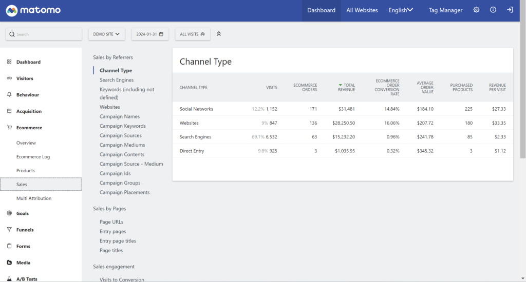 Ecommerce sales report in Matomo analytics