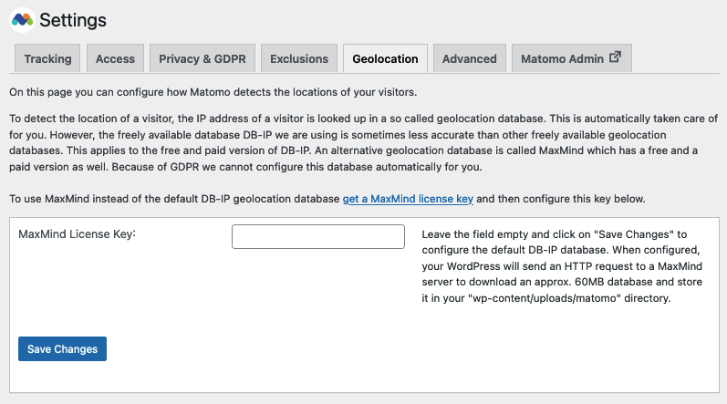 Matomo for WordPress: Geolocation Settings