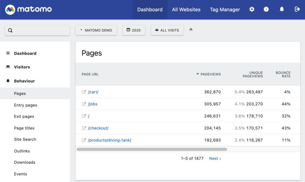 A screenshot of Matomo's page analytic sreport