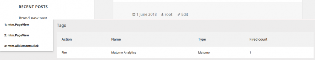 Matomo Tag Manager displaying a fired action