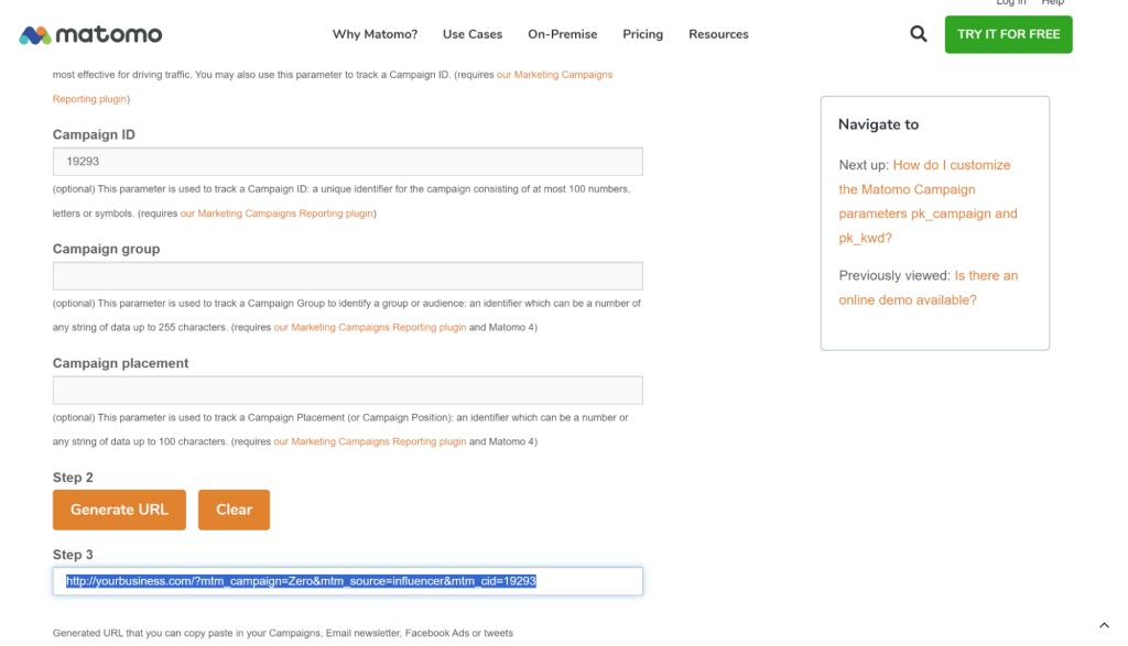 Screenshot of the free Matomo tracking URL builder