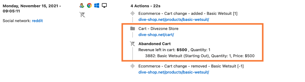 Matomo Visit Logs showing cart change for Event Tracking