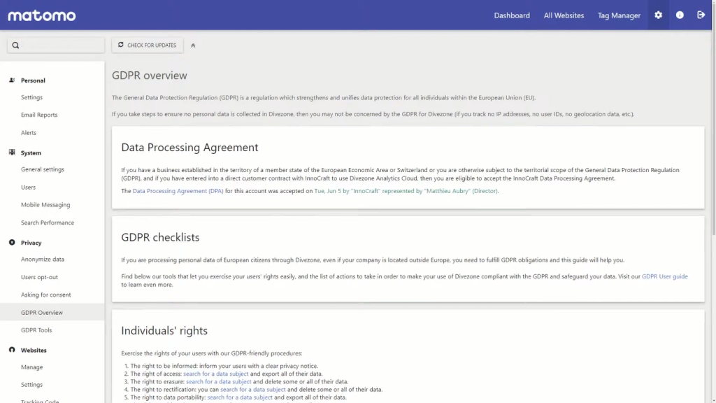 Screenshot showing the advanced GDPR manager in the Matomo dashboard