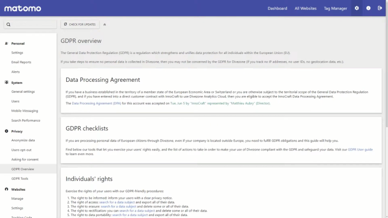 Screenshot showing the advanced GDPR manager in the Matomo dashboard