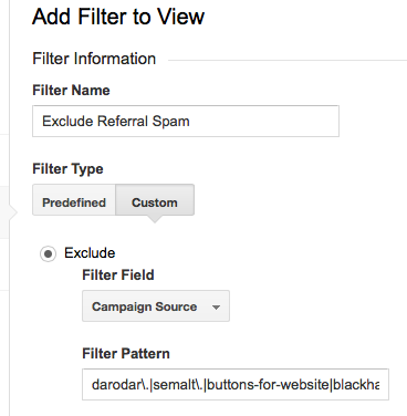 Configuring a referrer spam filter in Google Analytics