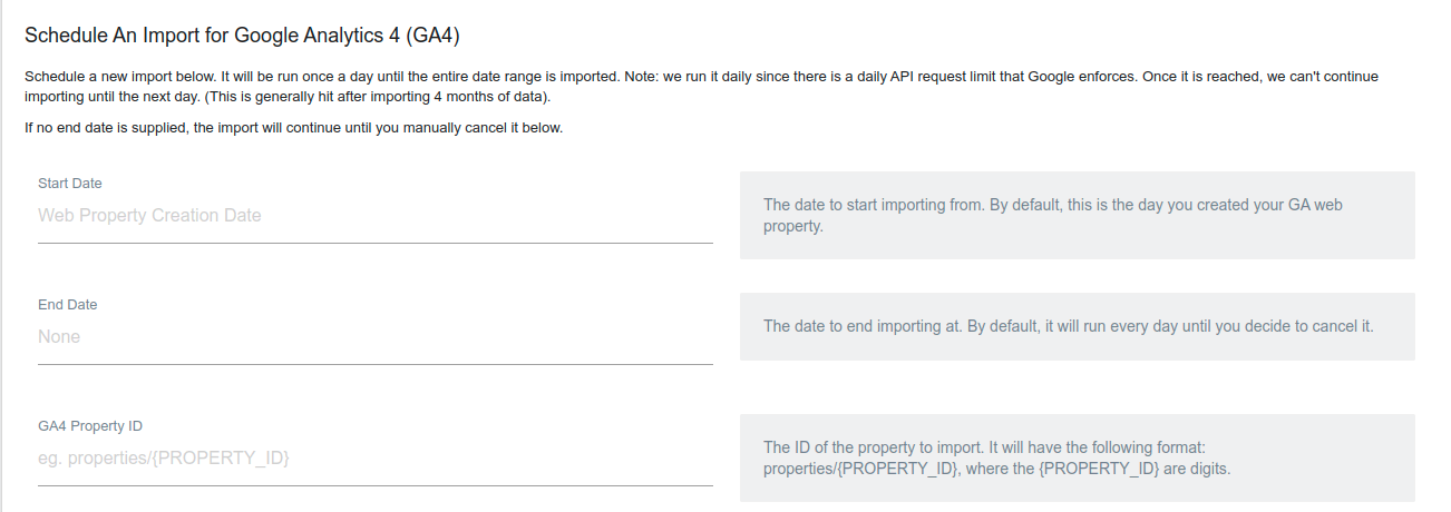 Schedule An Import Form for GA4