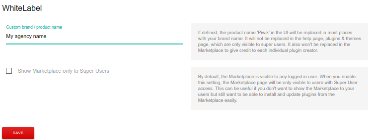 Matomo white label plugin settings