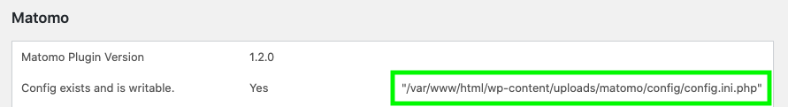 Config path shown in the Matomo diagnostics page in WordPress