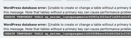 Matomo for WordPress DB Error Message